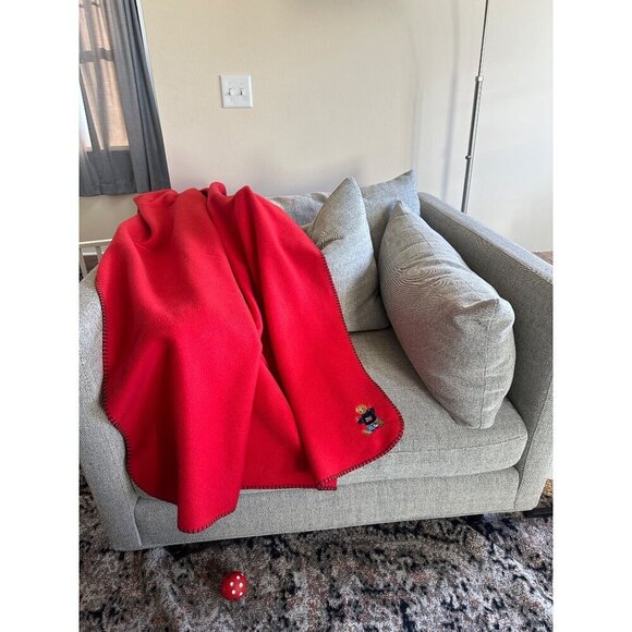 Lauren Ralph Lauren Embroidered Polo Bear Throw Blanket Red Fleece Whipstitch - Picture 3 of 6